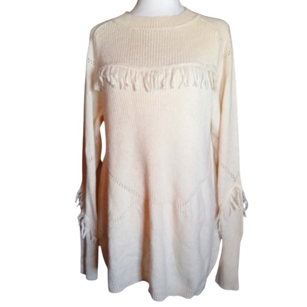 Lane Bryant Cream Color Knitted Pullover Sweater Fringe Detail Size 14/16 Large